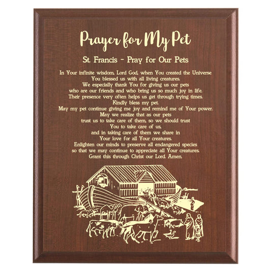 Plaque photo: St. Francis Pets Prayer Plaque design with free personalization. Wood style finish with customized text.