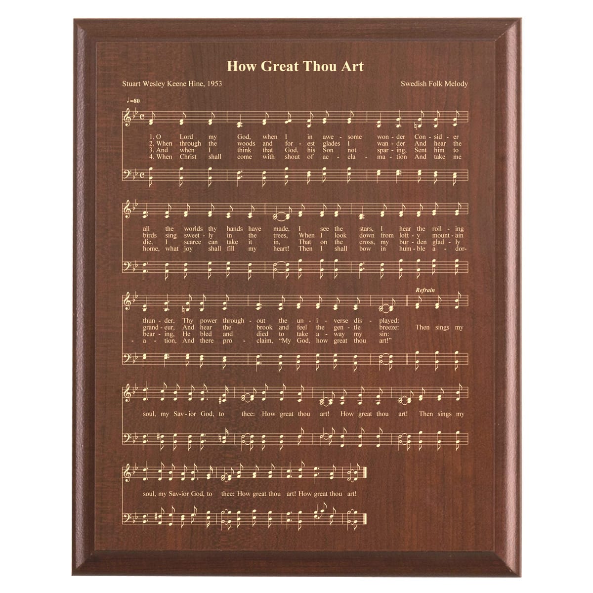 Plaque photo: How Great Thou Art Hymn Plaque design with free personalization. Wood style finish with customized text.