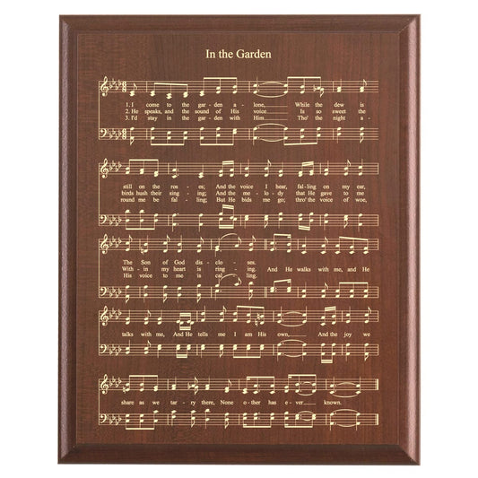 Plaque photo: In the Garden Hymn Plaque design with free personalization. Wood style finish with customized text.