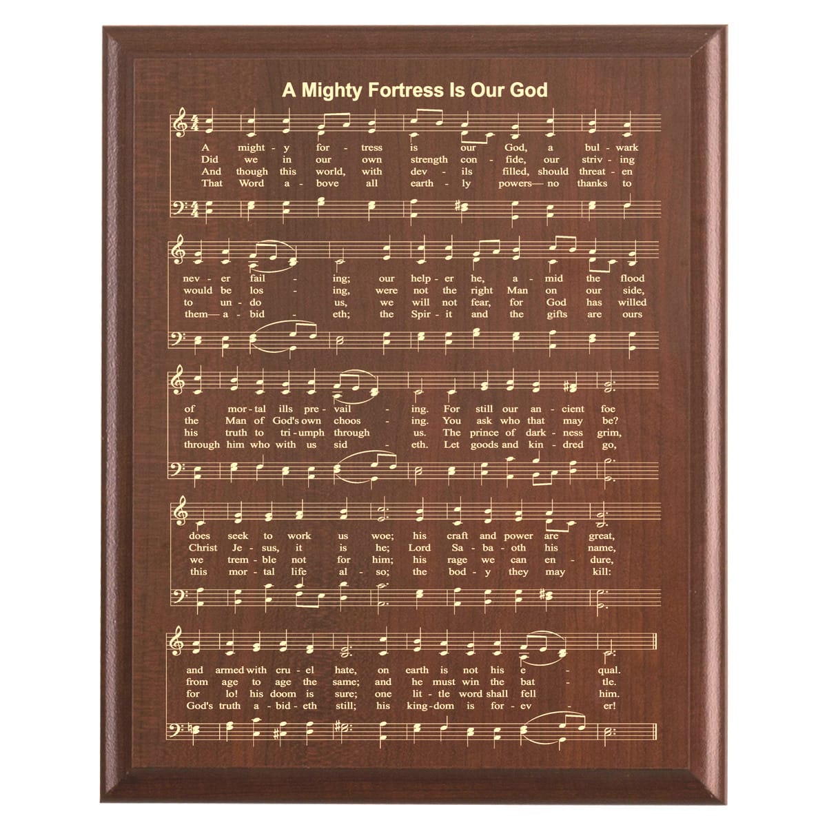 Plaque photo: A Mighty Fortress Is Our God Hymn Plaque design with free personalization. Wood style finish with customized text.