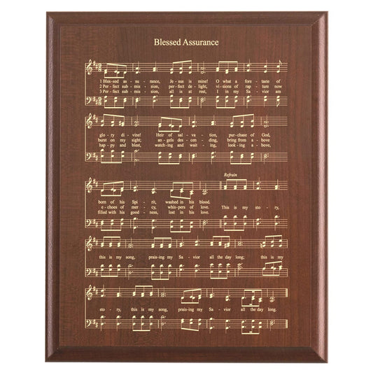 Plaque photo: Blessed Assurance Hymn Plaque design with free personalization. Wood style finish with customized text.