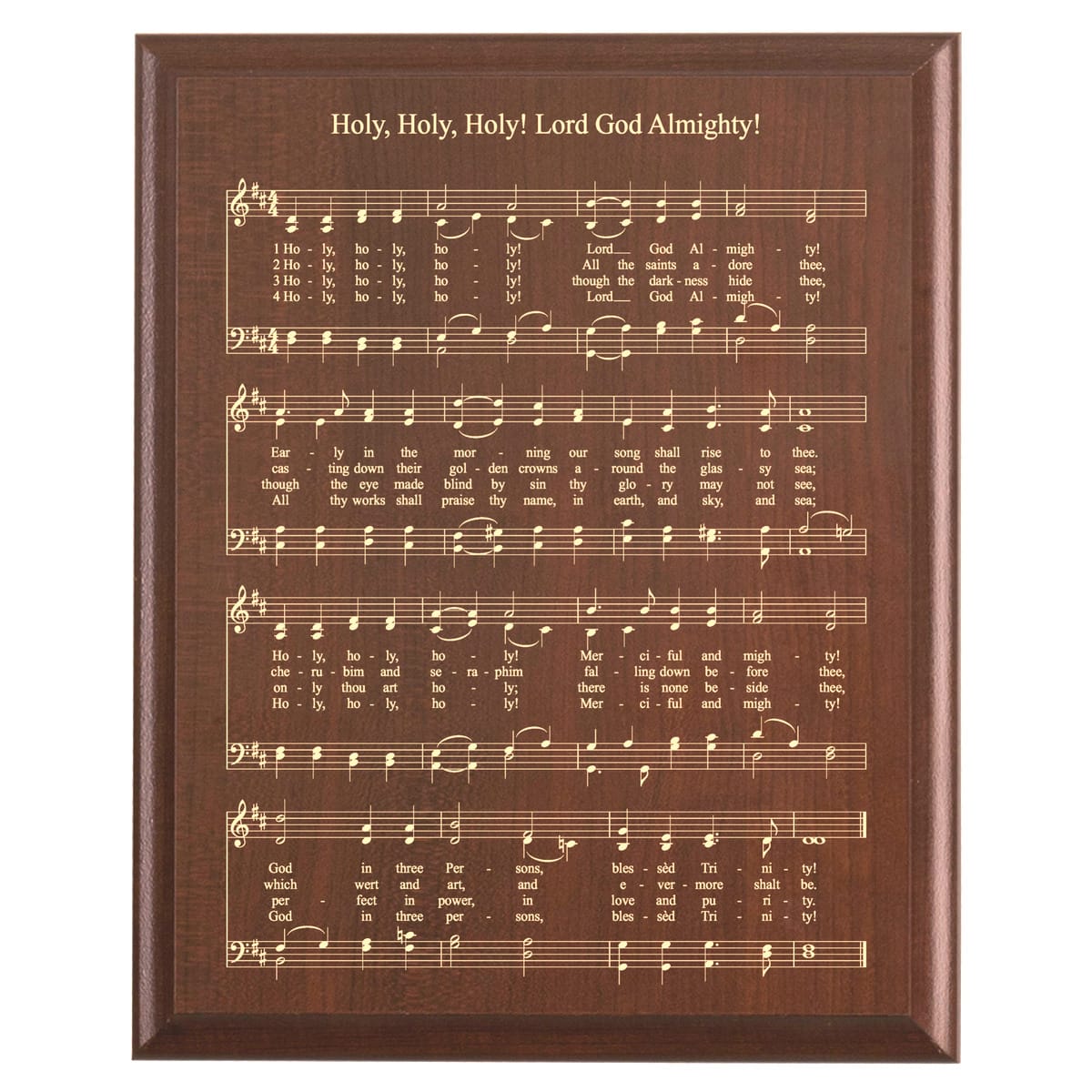 Plaque photo: Holy, Holy, Holy Hymn Plaque design with free personalization. Wood style finish with customized text.