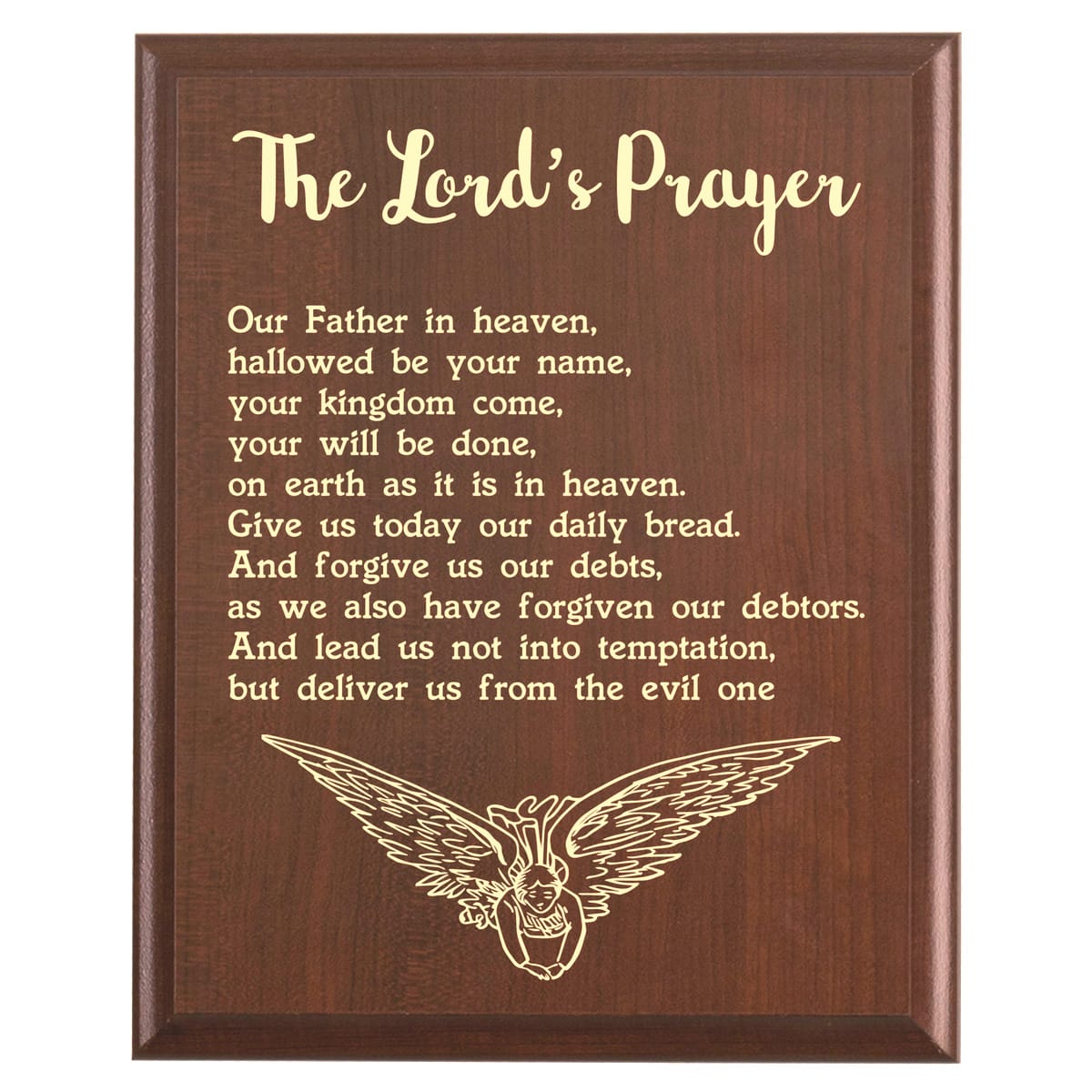 Plaque photo: Lord's Prayer Plaque NIV design with free personalization. Wood style finish with customized text.