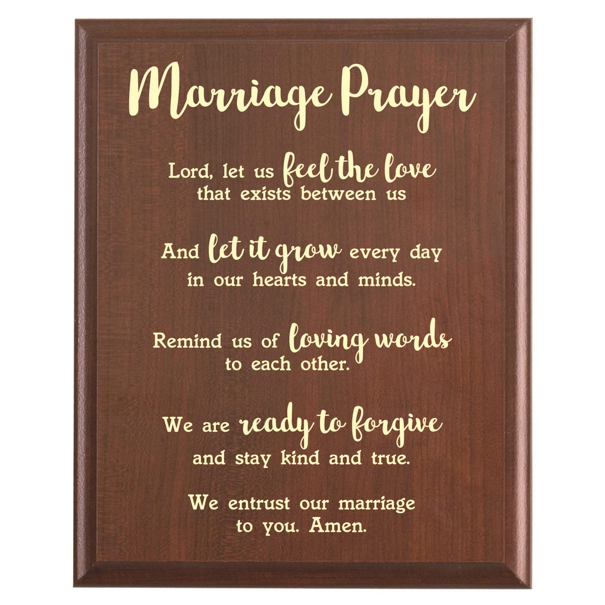 Plaque photo: Marriage Prayer Plaque design with free personalization. Wood style finish with customized text.