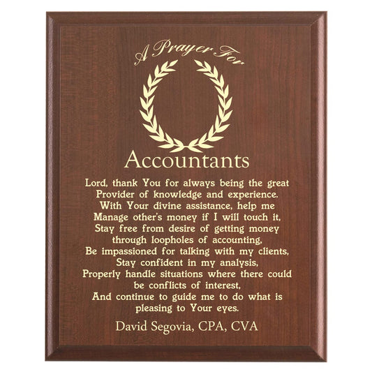 Plaque photo: Accountants Prayer Plaque design with free personalization. Wood style finish with customized text.