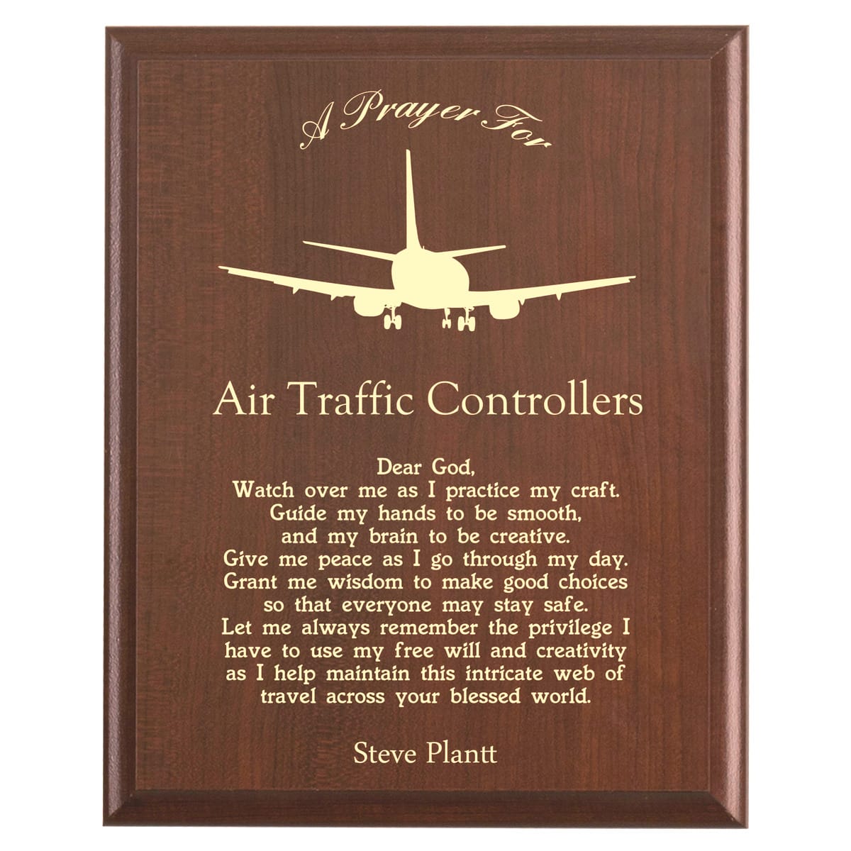 Plaque photo: Air Traffic Control Prayer Plaque design with free personalization. Wood style finish with customized text.