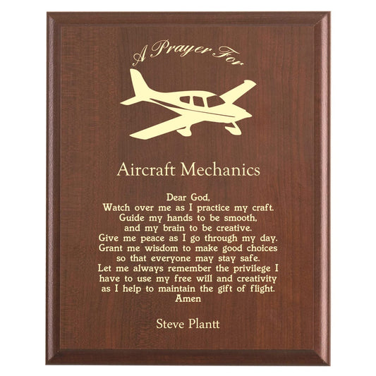 Plaque photo: Aircraft Mechanic Prayer Plaque design with free personalization. Wood style finish with customized text.