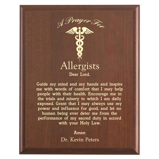 Plaque photo: Allergist Prayer Plaque design with free personalization. Wood style finish with customized text.