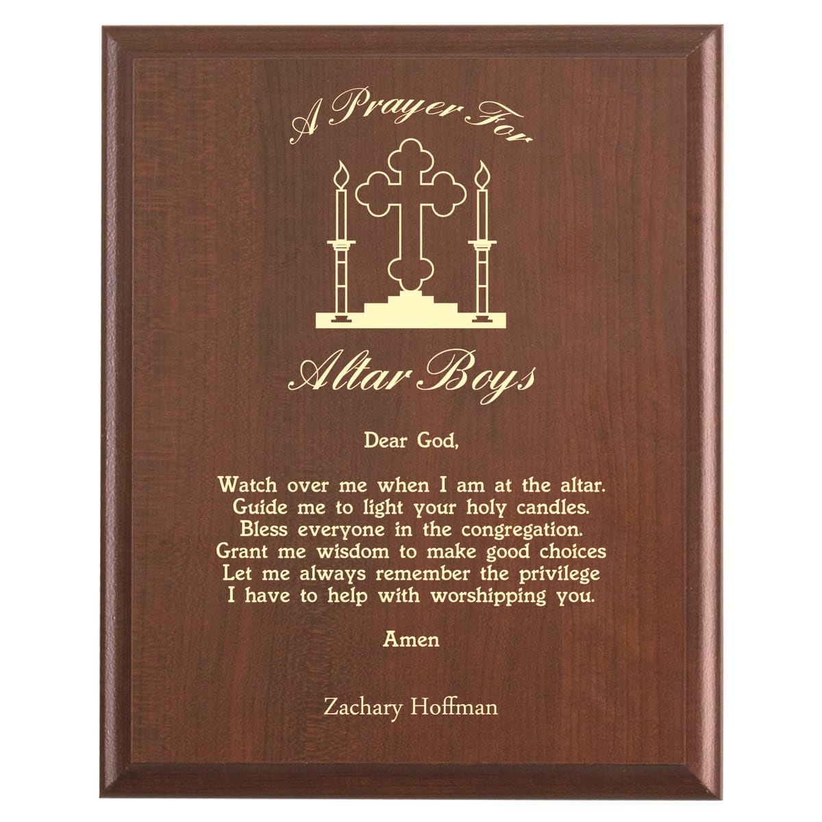Plaque photo: Altar Boy Prayer Plaque design with free personalization. Wood style finish with customized text.