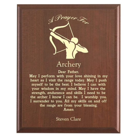 Plaque photo: Archery Prayer Plaque design with free personalization. Wood style finish with customized text.