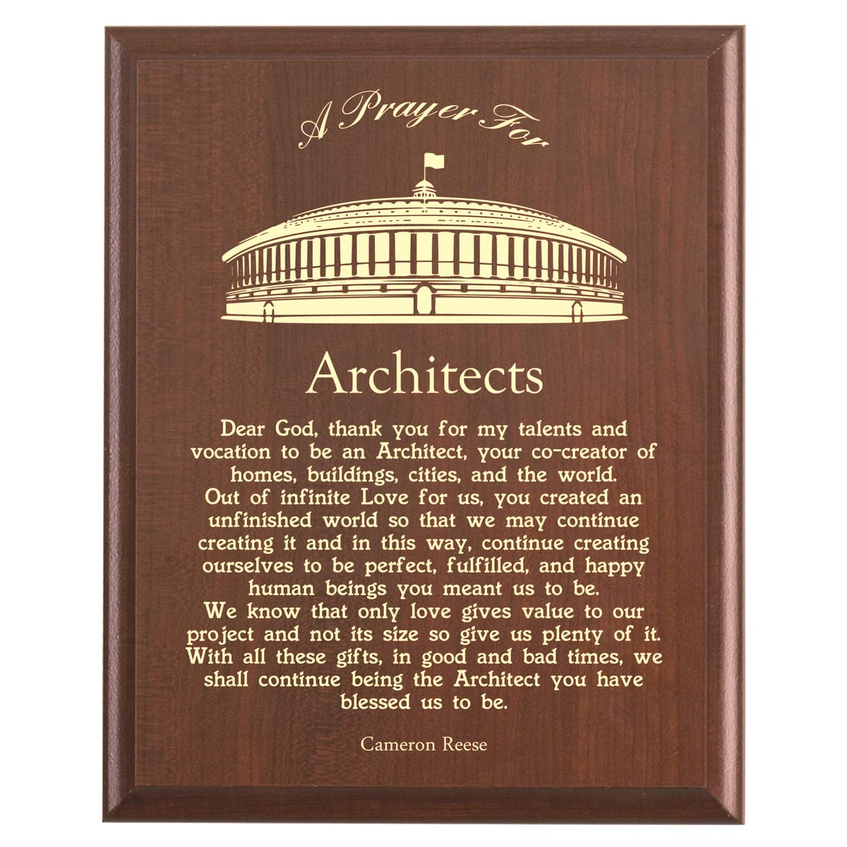 Plaque photo: Architect Prayer Plaque design with free personalization. Wood style finish with customized text.