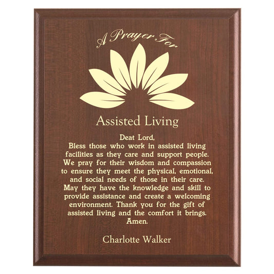 Plaque photo: Assisted Living Prayer Plaque design with free personalization. Wood style finish with customized text.