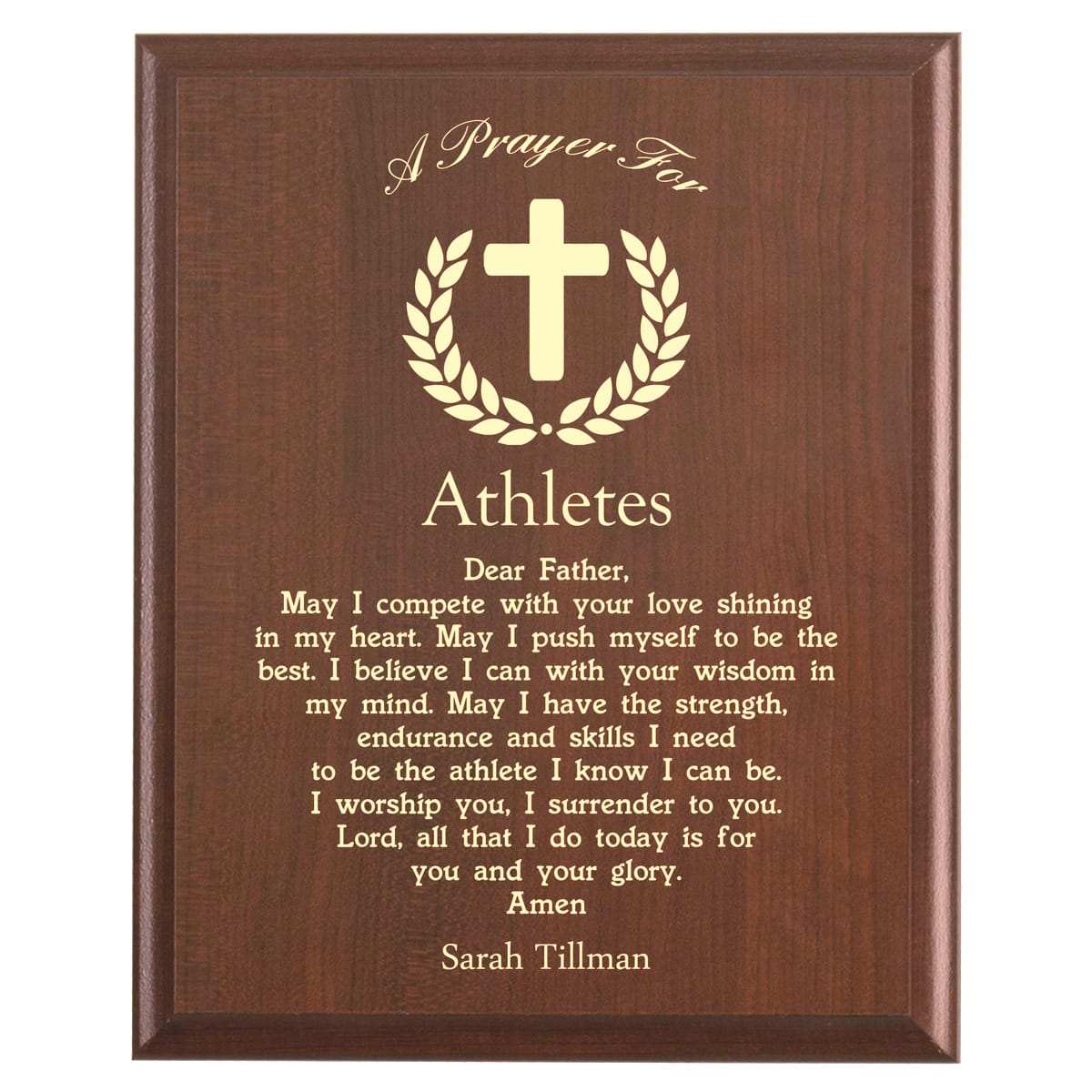 Plaque photo: Athletes Prayer Plaque design with free personalization. Wood style finish with customized text.