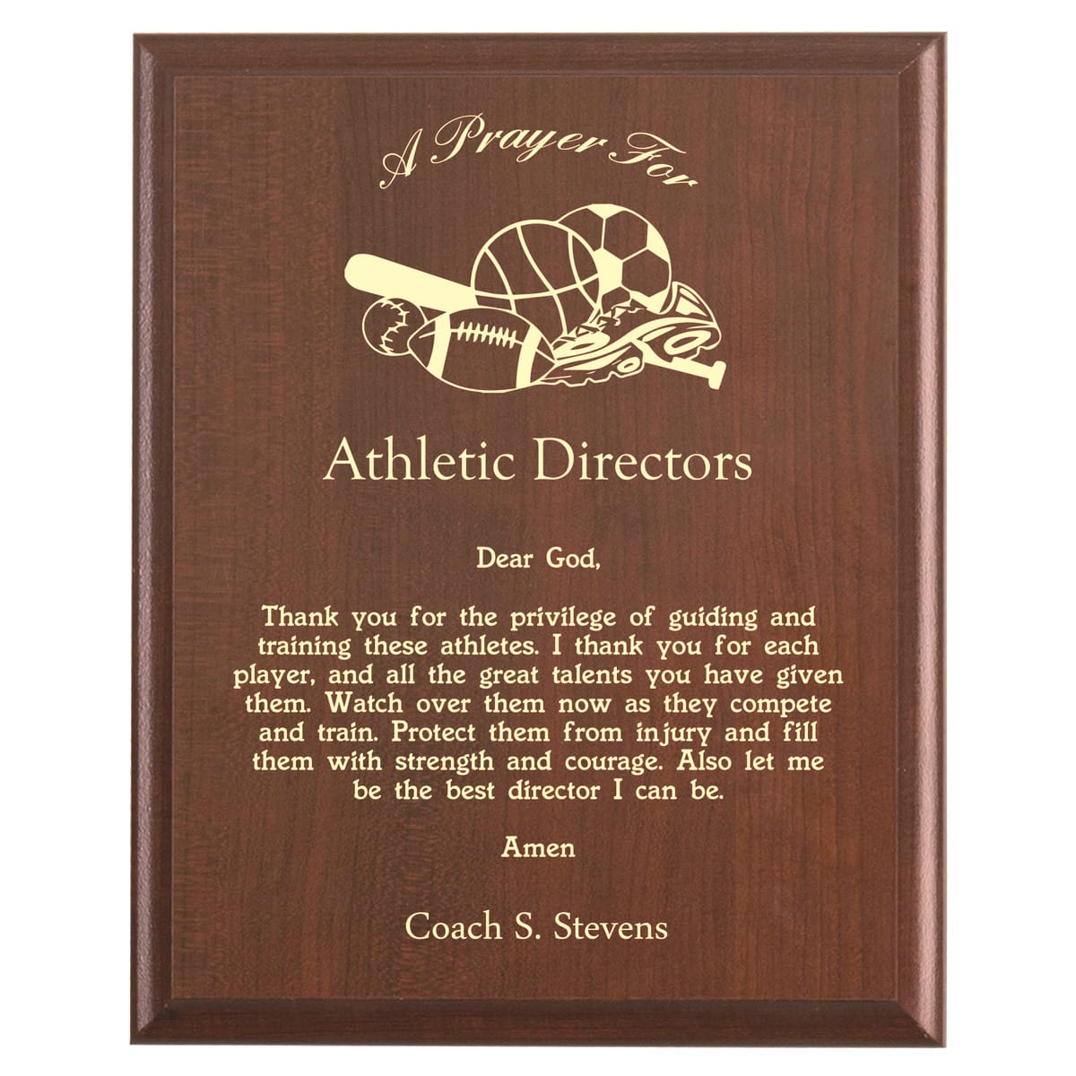 Plaque photo: Athletic Director Prayer Plaque design with free personalization. Wood style finish with customized text.