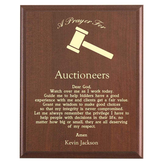 Plaque photo: Auctioneer's Prayer Plaque design with free personalization. Wood style finish with customized text.