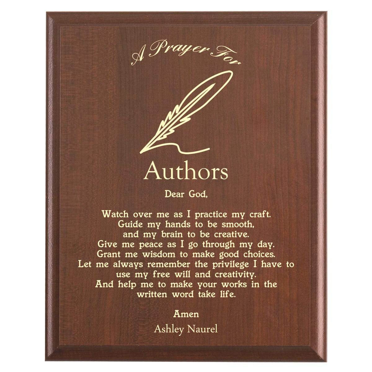 Plaque photo: Author Prayer Plaque design with free personalization. Wood style finish with customized text.