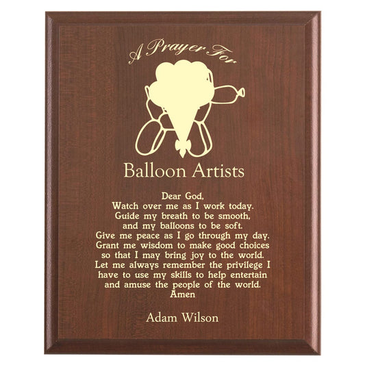 Plaque photo: Balloon Artist Prayer Plaque design with free personalization. Wood style finish with customized text.