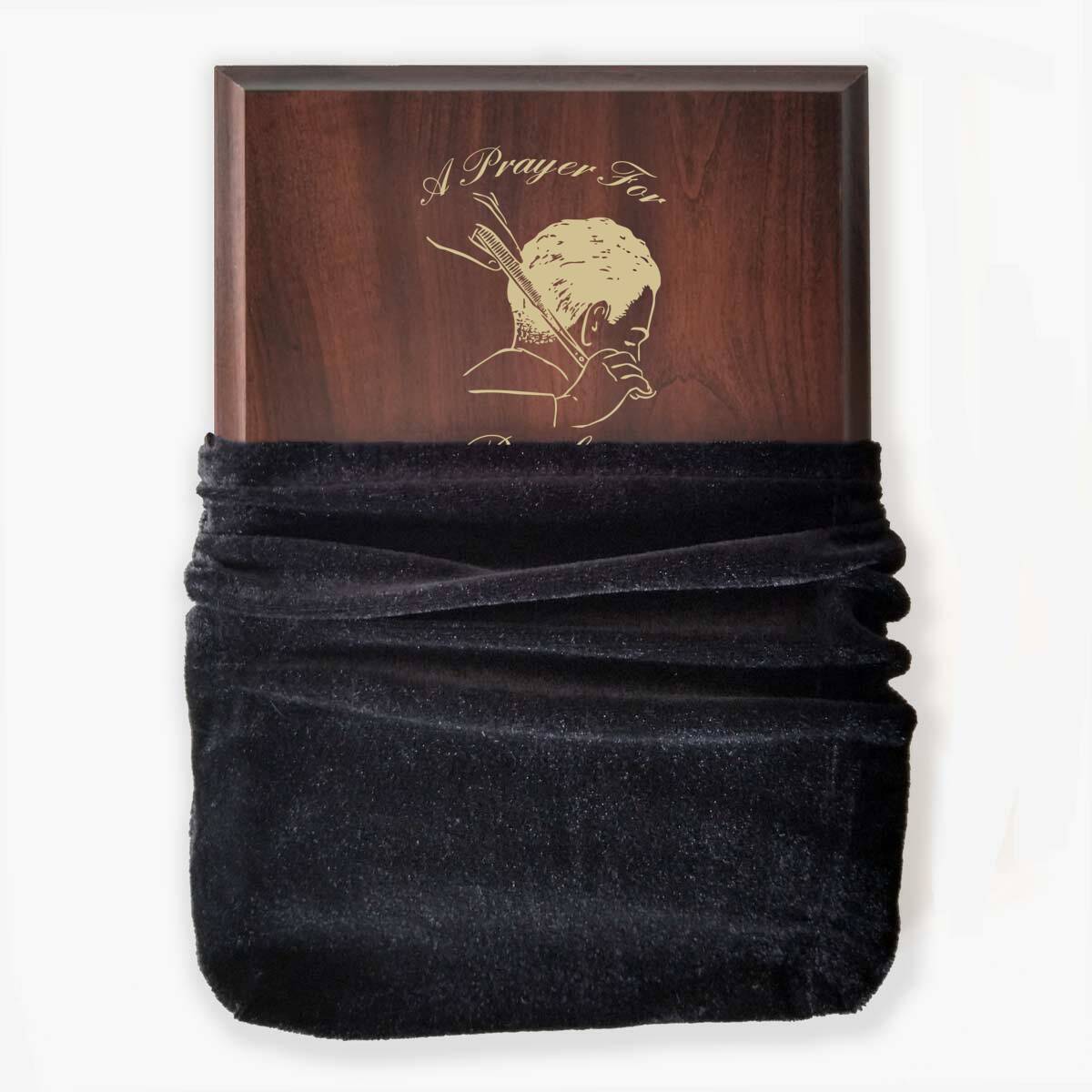 Photo of plaque inside the optional velvet gift bag, showing some of the printed design.