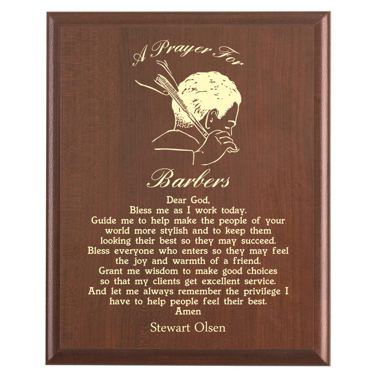 Plaque photo: Barber Prayer Plaque design with free personalization. Wood style finish with customized text.
