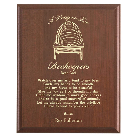 Plaque photo: Beekeeper Prayer Plaque design with free personalization. Wood style finish with customized text.