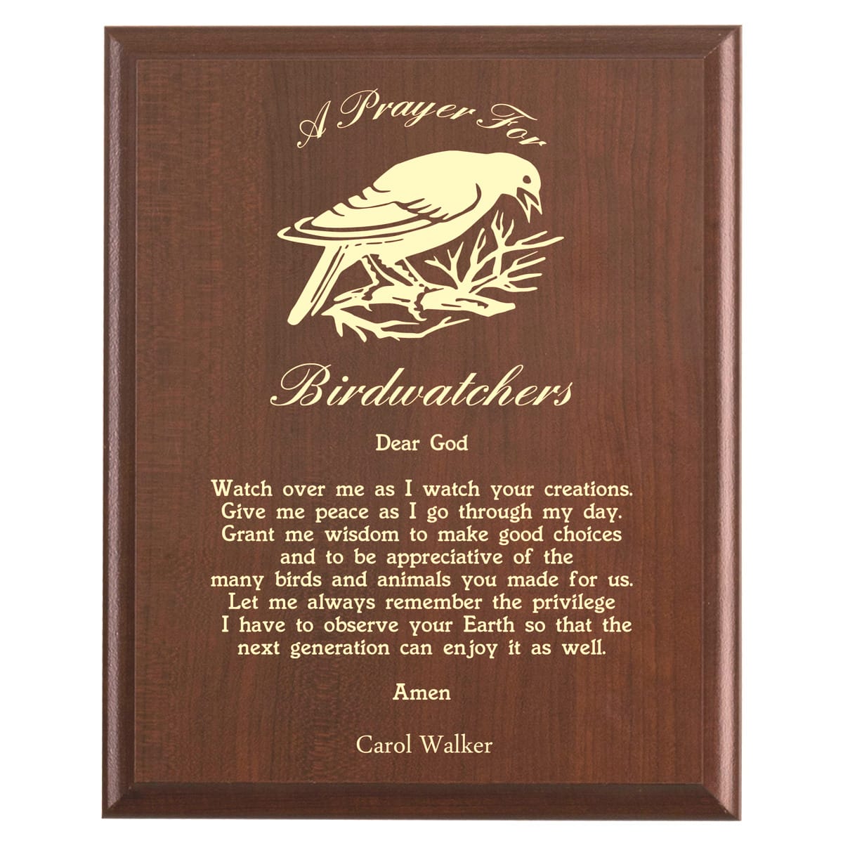 Plaque photo: Birdwatching Prayer Plaque design with free personalization. Wood style finish with customized text.