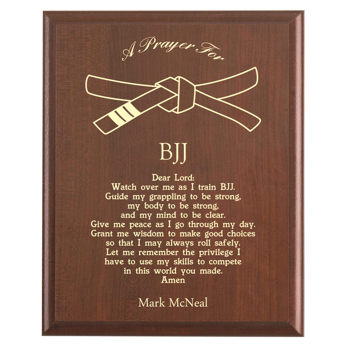 Plaque photo: BJJ Prayer Plaque design with free personalization. Wood style finish with customized text.