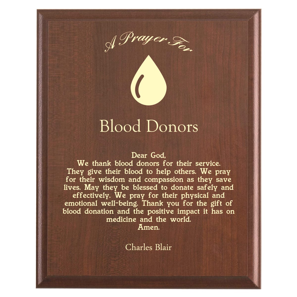 Plaque photo: Blood Donor Gift Plaque design with free personalization. Wood style finish with customized text.