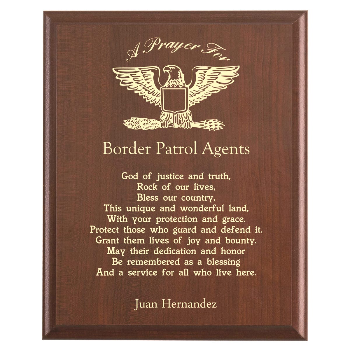 Plaque photo: Border Patrol Agent Prayer Plaque design with free personalization. Wood style finish with customized text.