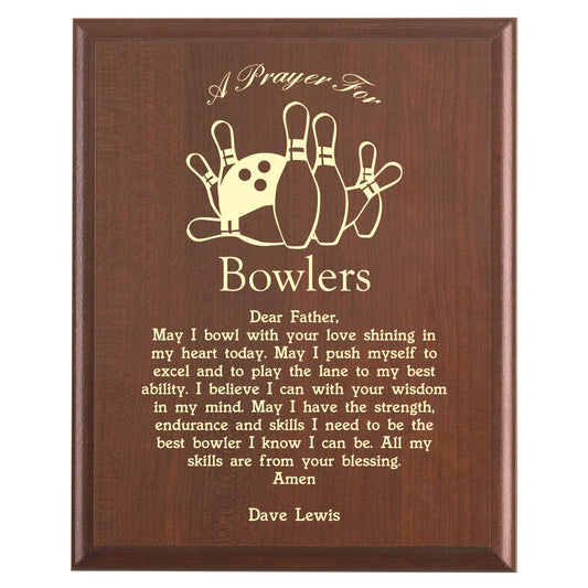 Plaque photo: Bowling Prayer Plaque design with free personalization. Wood style finish with customized text.
