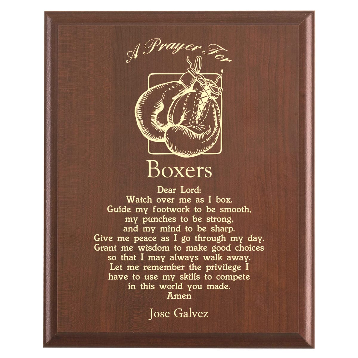 Plaque photo: Boxing Prayer Plaque design with free personalization. Wood style finish with customized text.