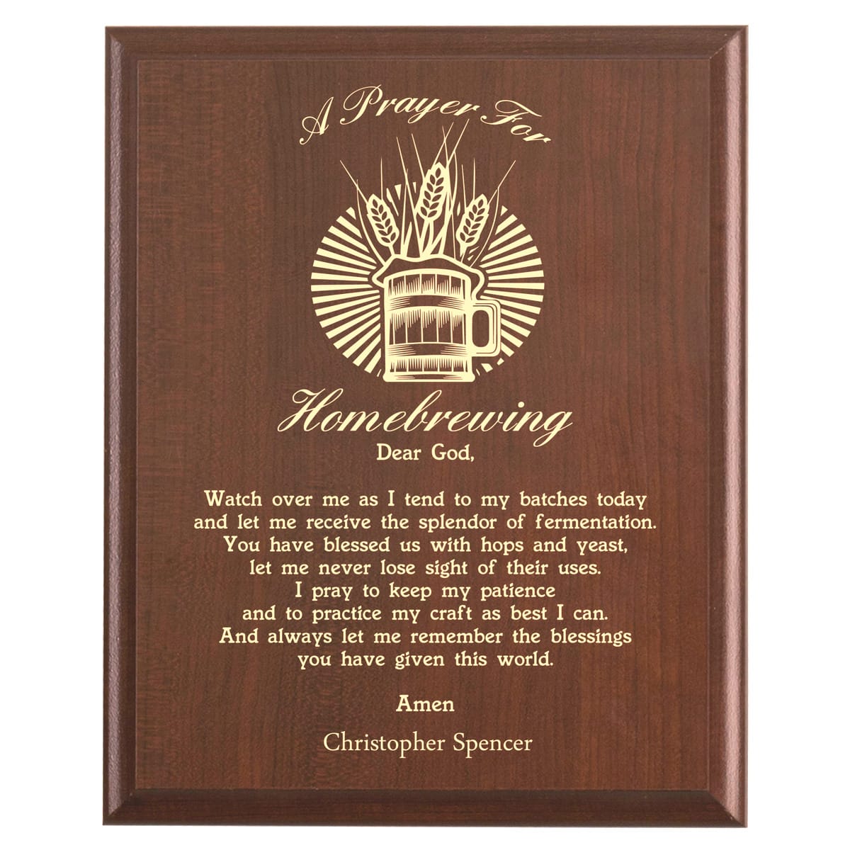 Plaque photo: Homebrewing Prayer Plaque design with free personalization. Wood style finish with customized text.