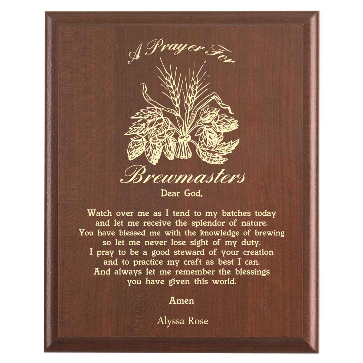 Plaque photo: Brewmaster Prayer Plaque design with free personalization. Wood style finish with customized text.