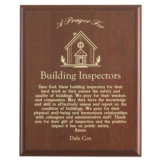 Plaque photo: Building Inspector Prayer Plaque design with free personalization. Wood style finish with customized text.