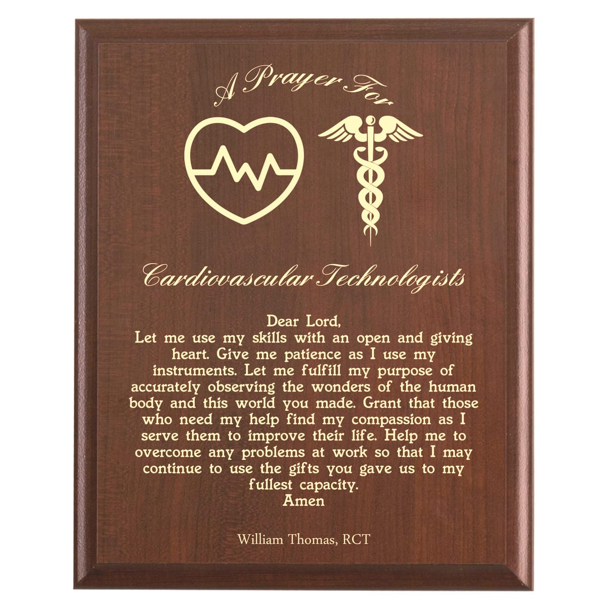 Plaque photo: Cardiovascular Technologist Prayer Plaque design with free personalization. Wood style finish with customized text.