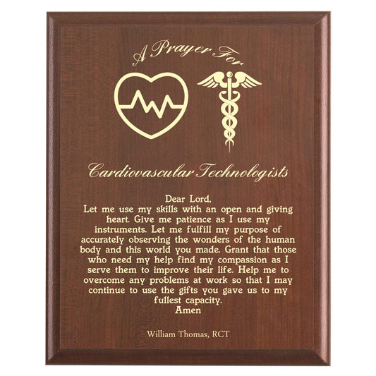 Plaque photo: Cardiovascular Technologist Prayer Plaque design with free personalization. Wood style finish with customized text.
