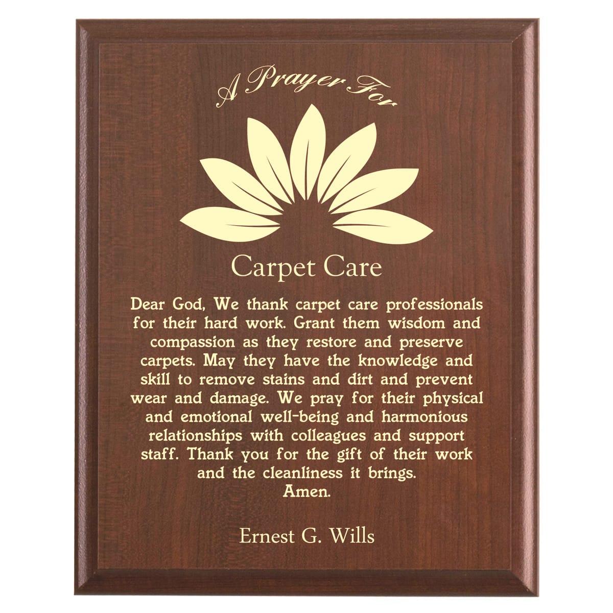 Plaque photo: Carpet Care Prayer Plaque design with free personalization. Wood style finish with customized text.