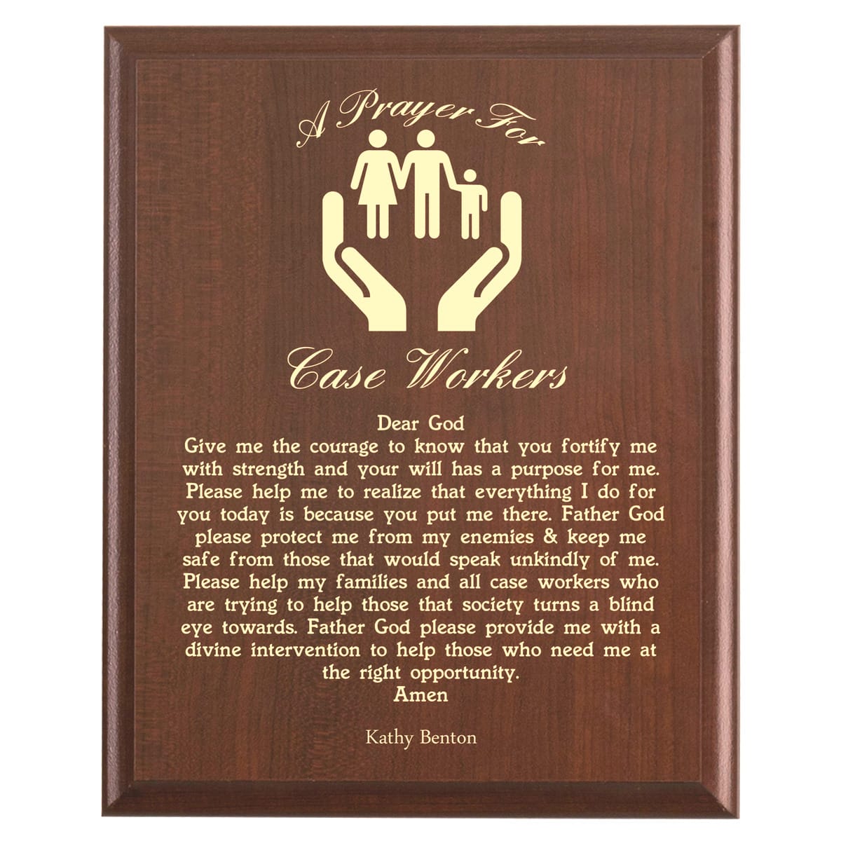 Plaque photo: Case Worker Prayer Plaque design with free personalization. Wood style finish with customized text.