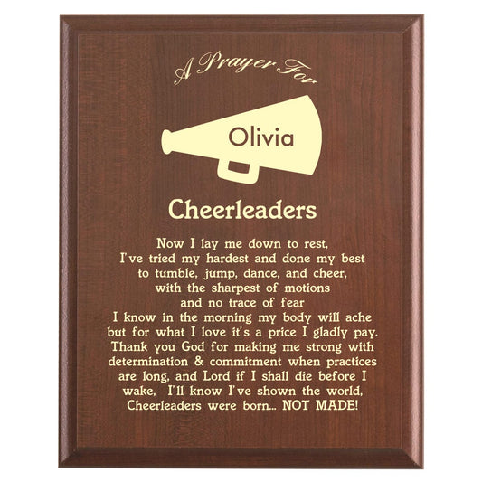 Plaque photo: Cheerleader Prayer Plaque design with free personalization. Wood style finish with customized text.