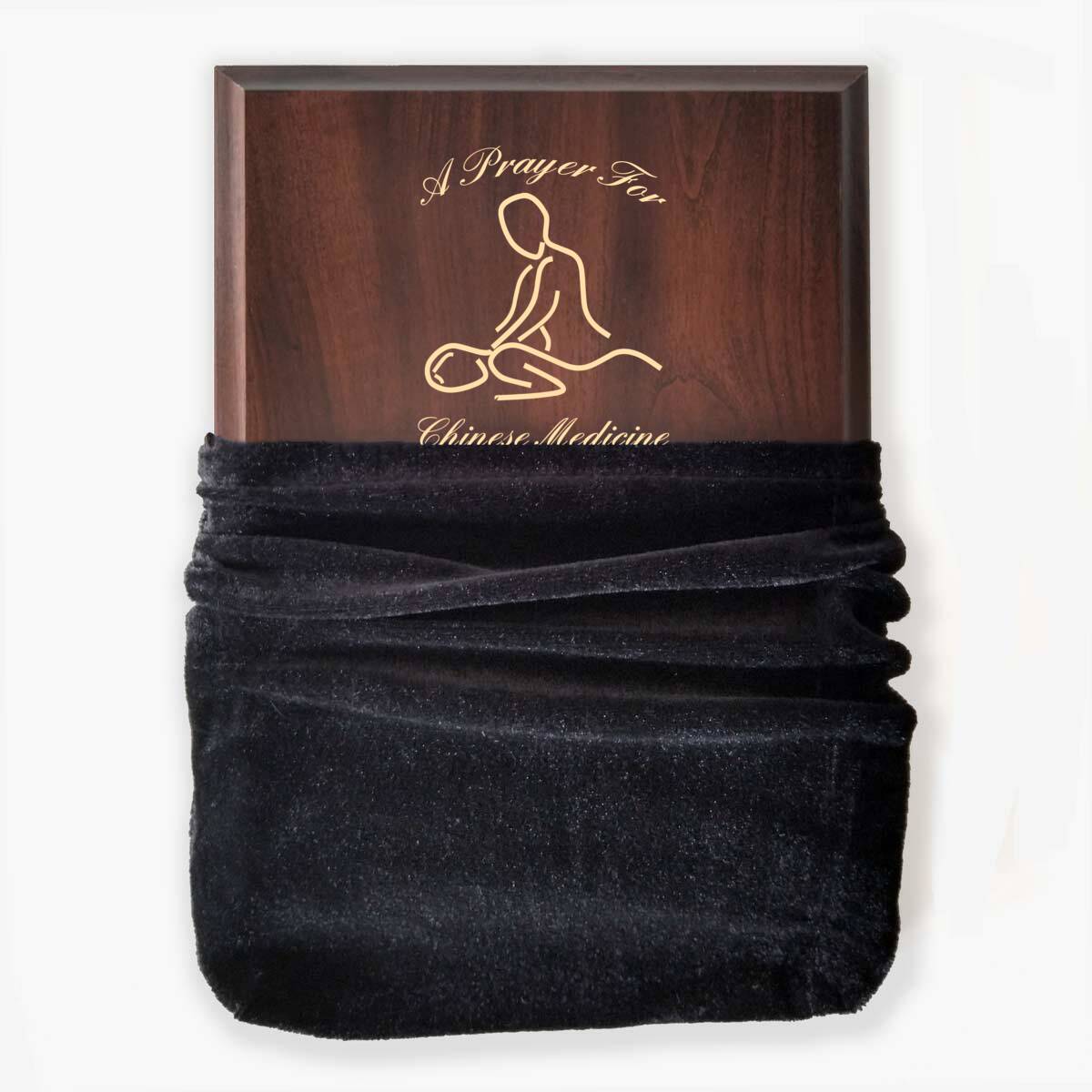 Photo of plaque inside the optional velvet gift bag, showing some of the printed design.