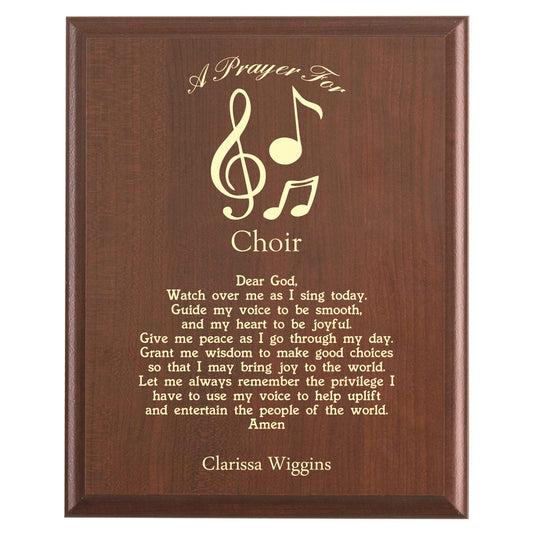 Plaque photo: Choir Singer Prayer Plaque design with free personalization. Wood style finish with customized text.