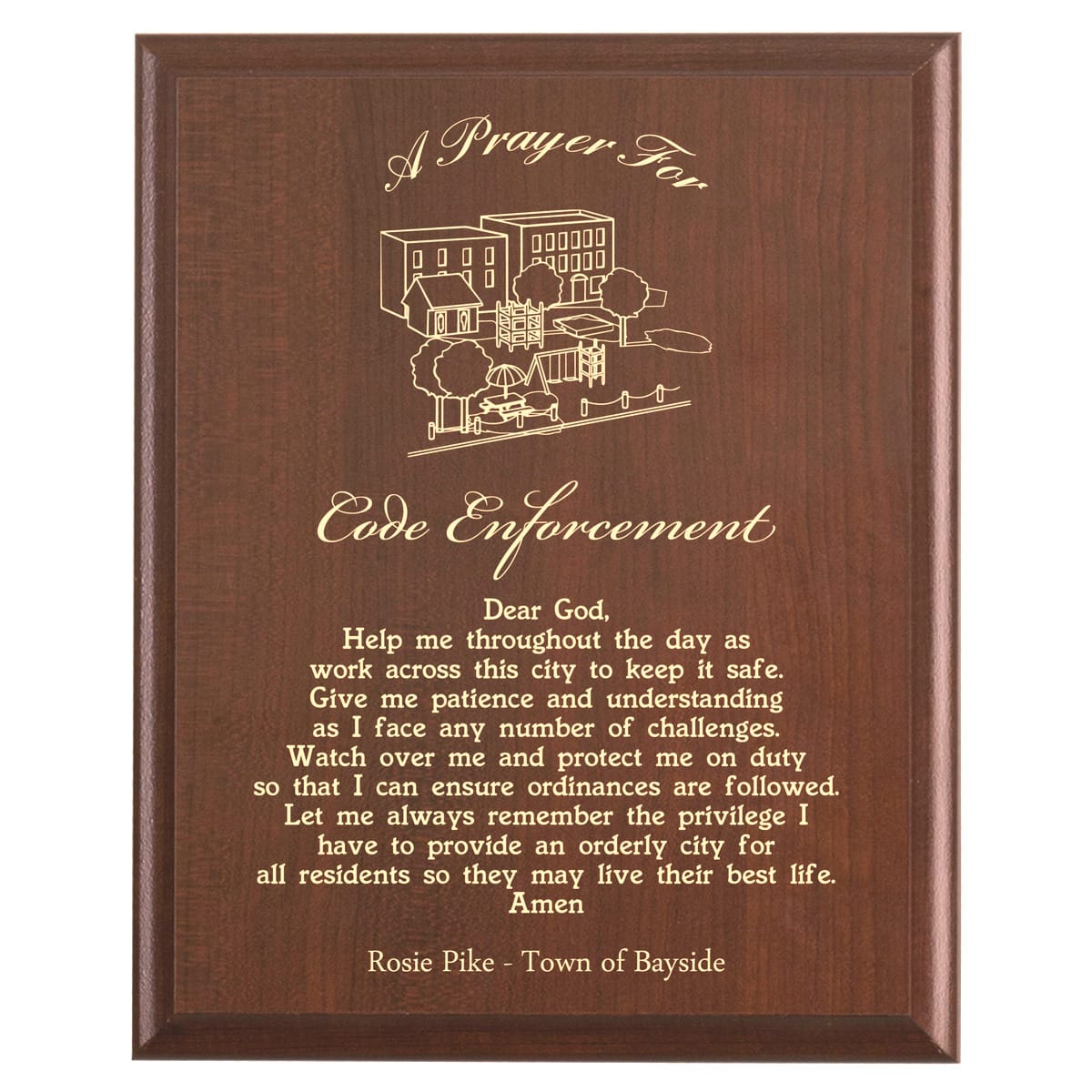 Plaque photo: Code Enforcement Prayer Plaque design with free personalization. Wood style finish with customized text.