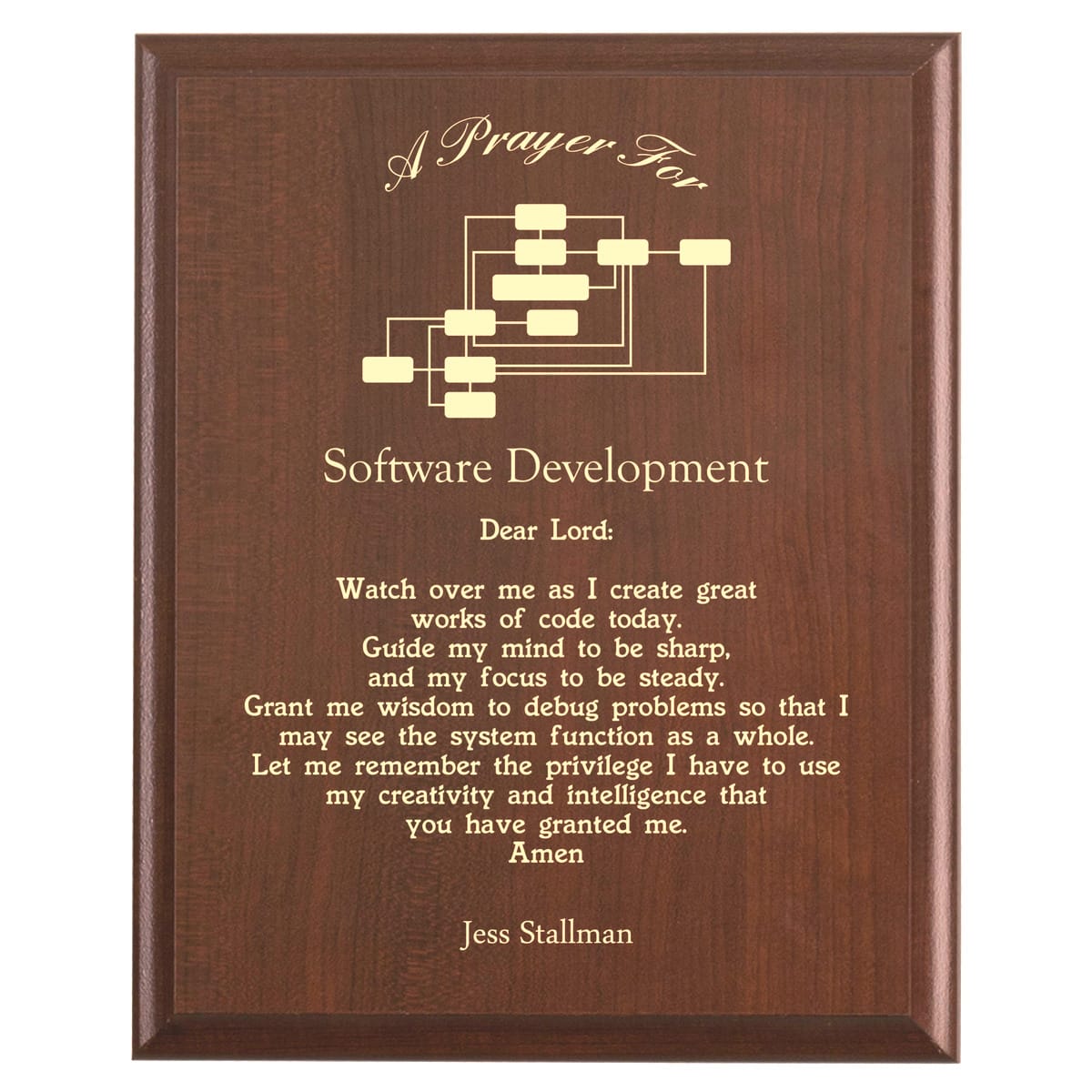 Plaque photo: Computer Programmer Prayer Plaque design with free personalization. Wood style finish with customized text.