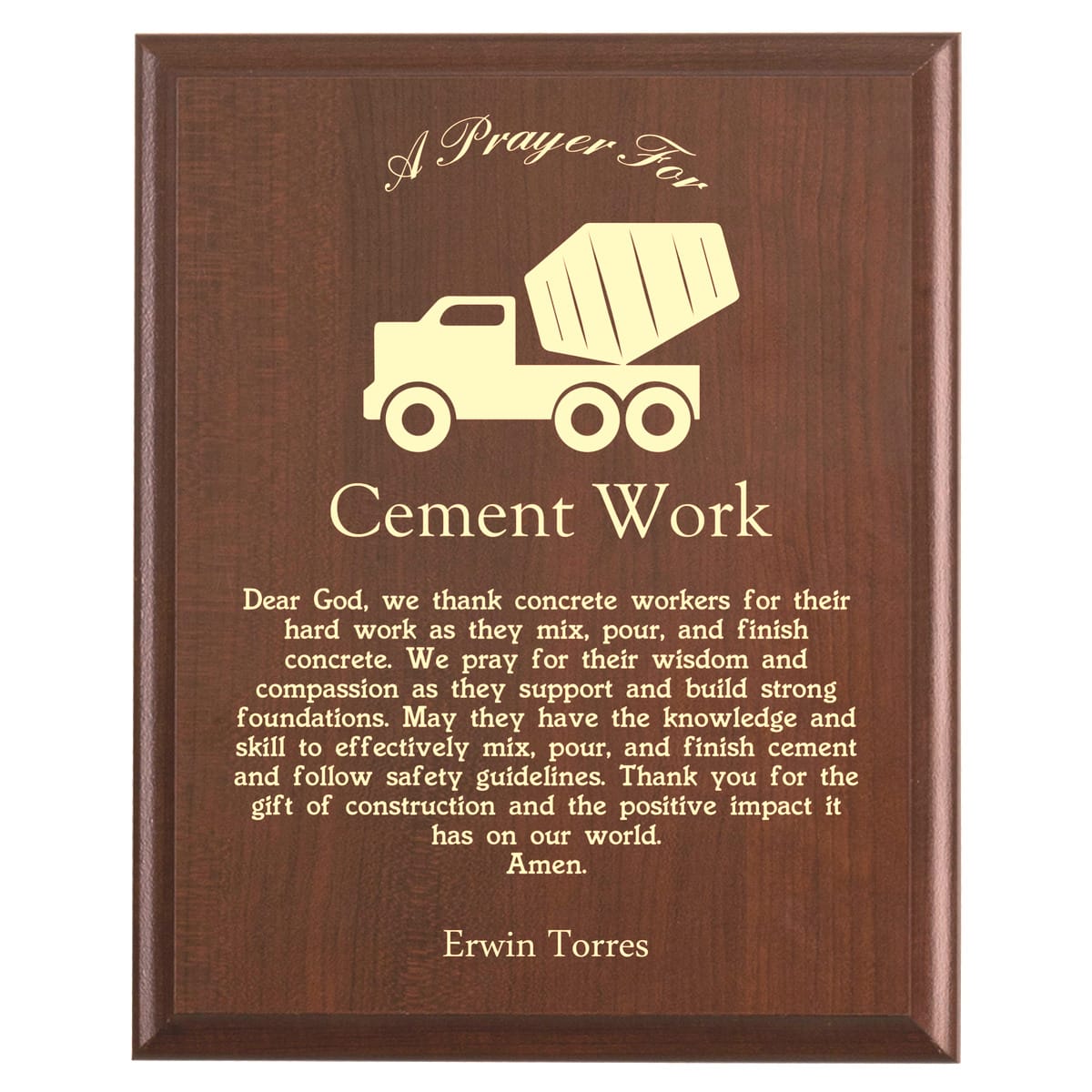 Plaque photo: Concrete Mason Prayer Plaque design with free personalization. Wood style finish with customized text.