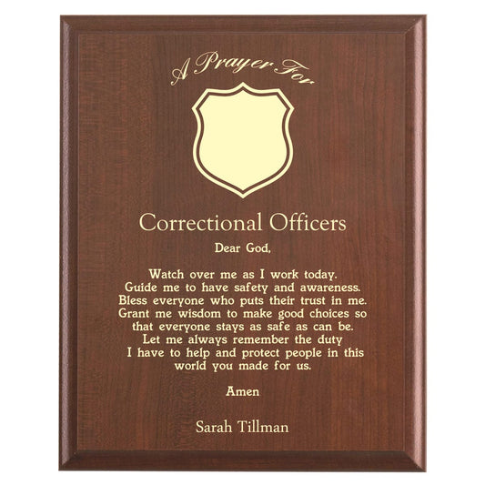 Plaque photo: Correctional Officer Prayer Plaque design with free personalization. Wood style finish with customized text.