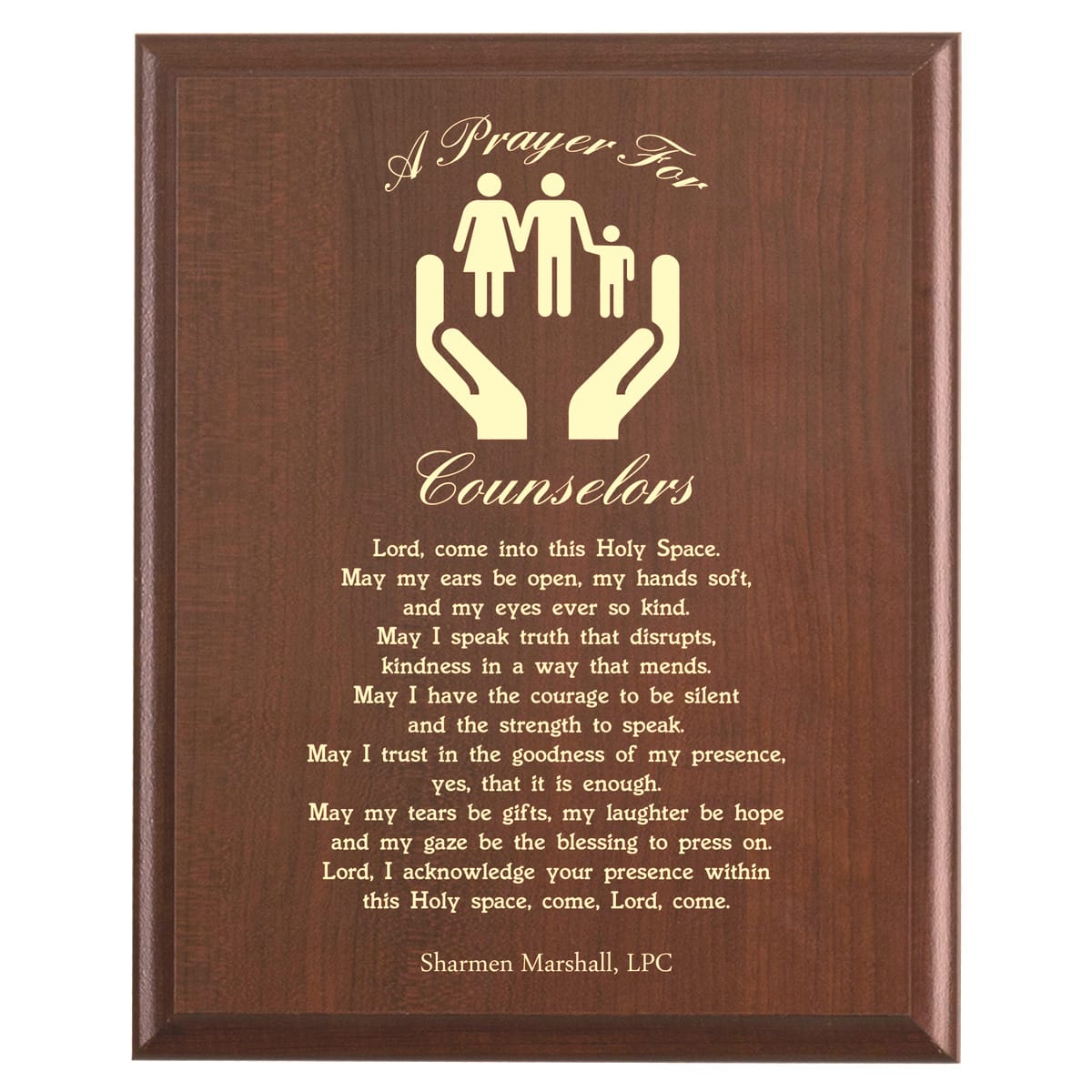 Plaque photo: Counselor Prayer Plaque design with free personalization. Wood style finish with customized text.