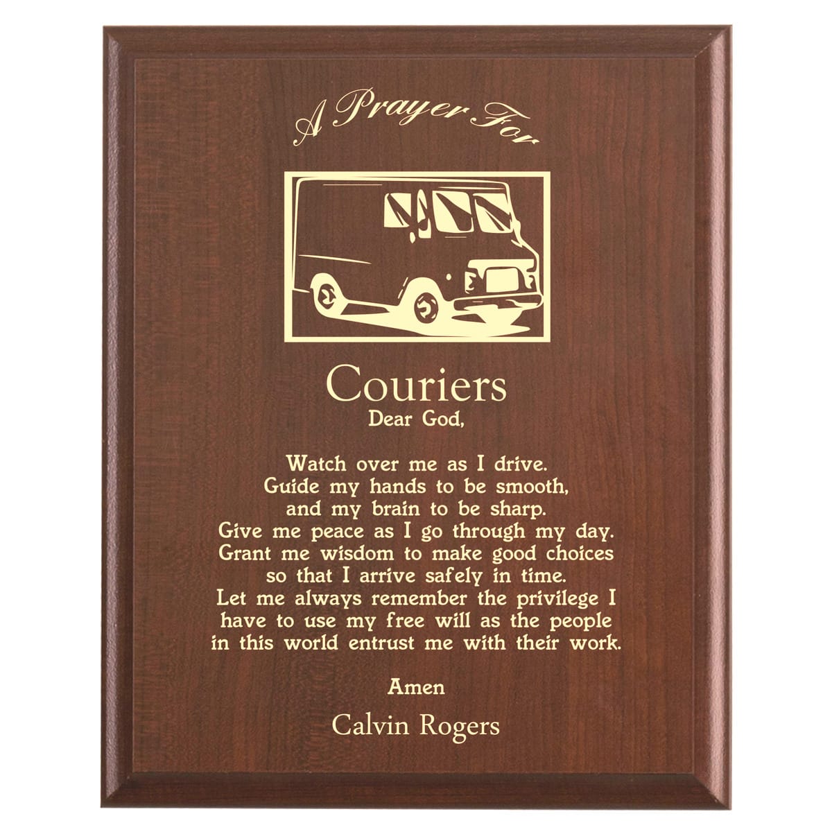 Plaque photo: Courier Prayer Plaque design with free personalization. Wood style finish with customized text.