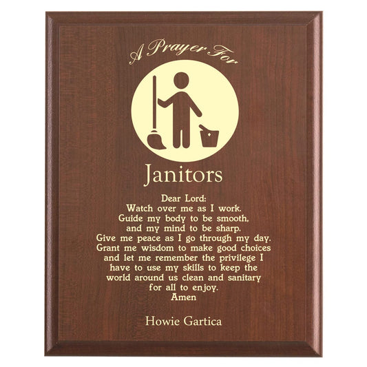 Plaque photo: Custodian Prayer Plaque design with free personalization. Wood style finish with customized text.