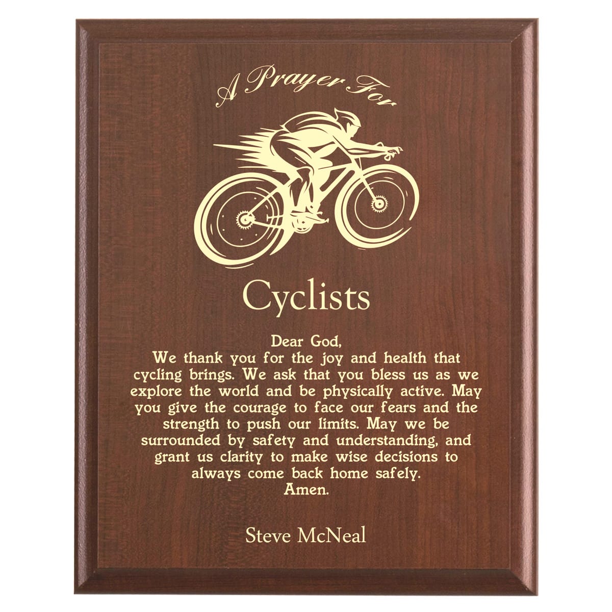 Plaque photo: Cyclist Prayer Plaque design with free personalization. Wood style finish with customized text.