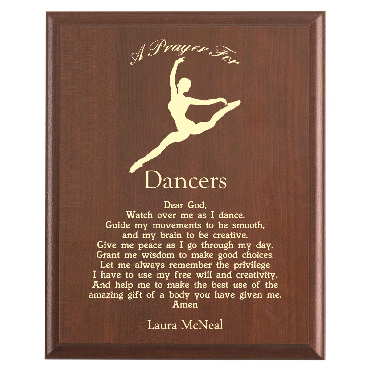 Plaque photo: Dancer Prayer Plaque design with free personalization. Wood style finish with customized text.