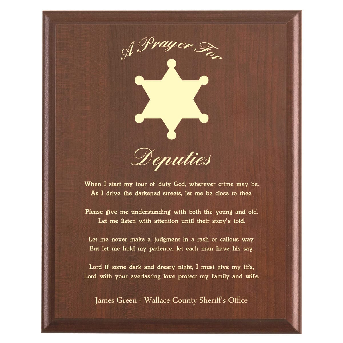 Plaque photo: Deputy Prayer Plaque design with free personalization. Wood style finish with customized text.